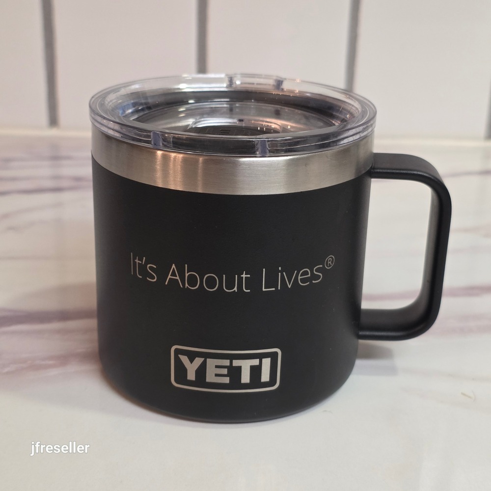 YETI Rambler 14 oz Mug Black Stainless Steel MagSlider Lid It's About Lives Logo